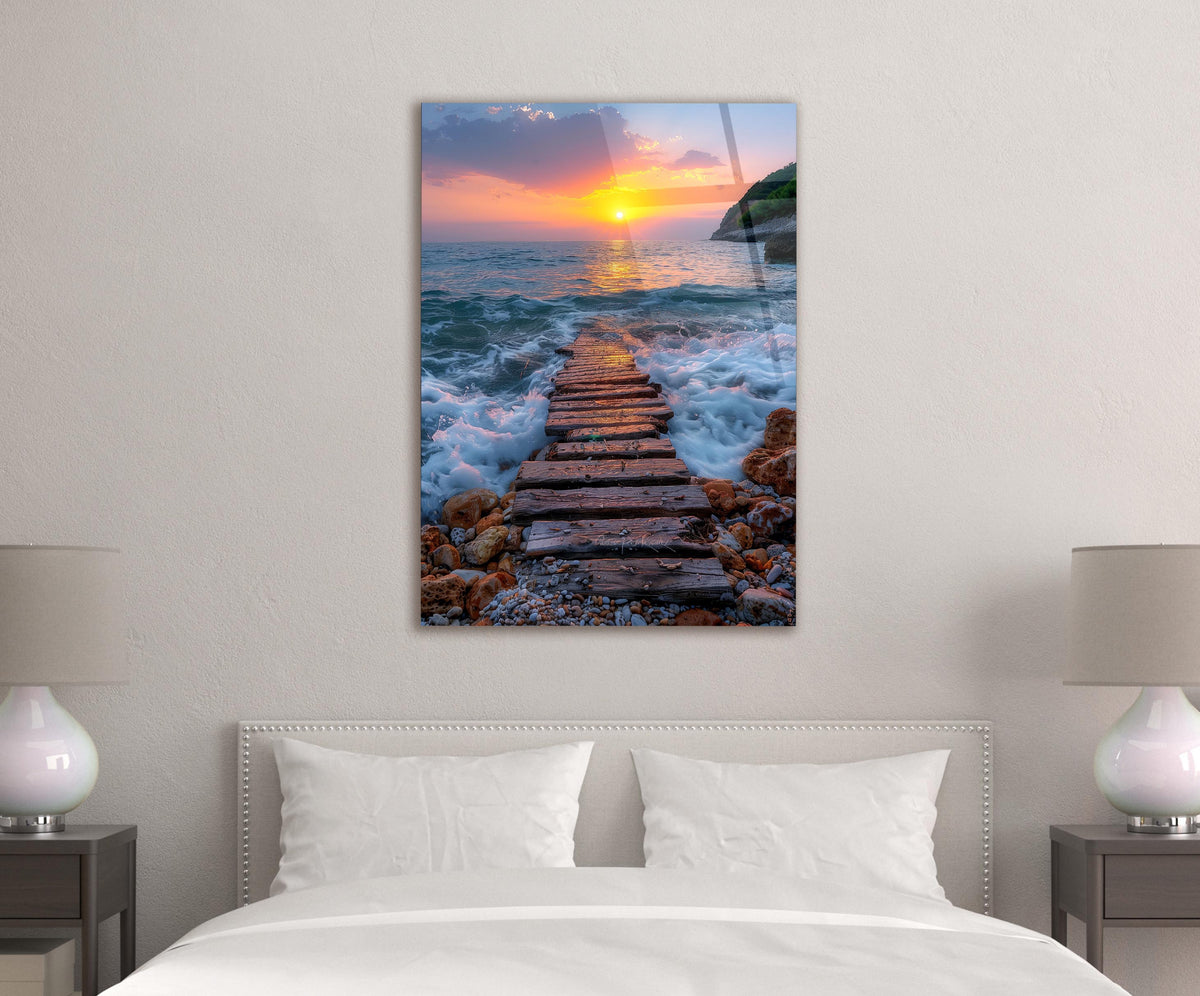 Wooden Stairway into the Sea Glass Wall Art in a modern interior