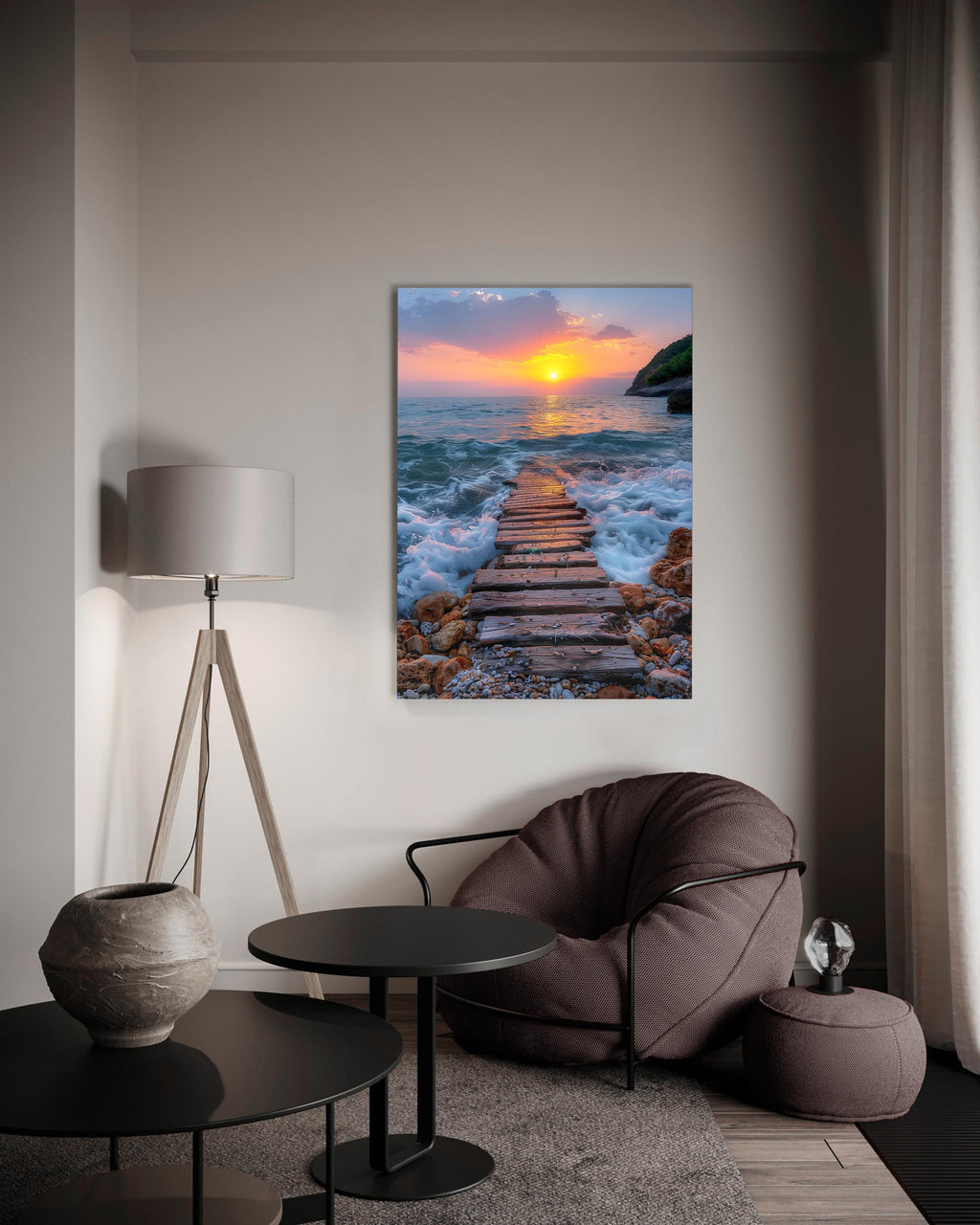 Wooden Stairway into the Sea Glass Wall Art on the wall
