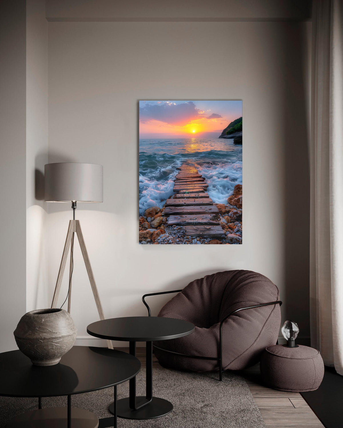 Wooden Stairway into the Sea Glass Wall Art on the wall