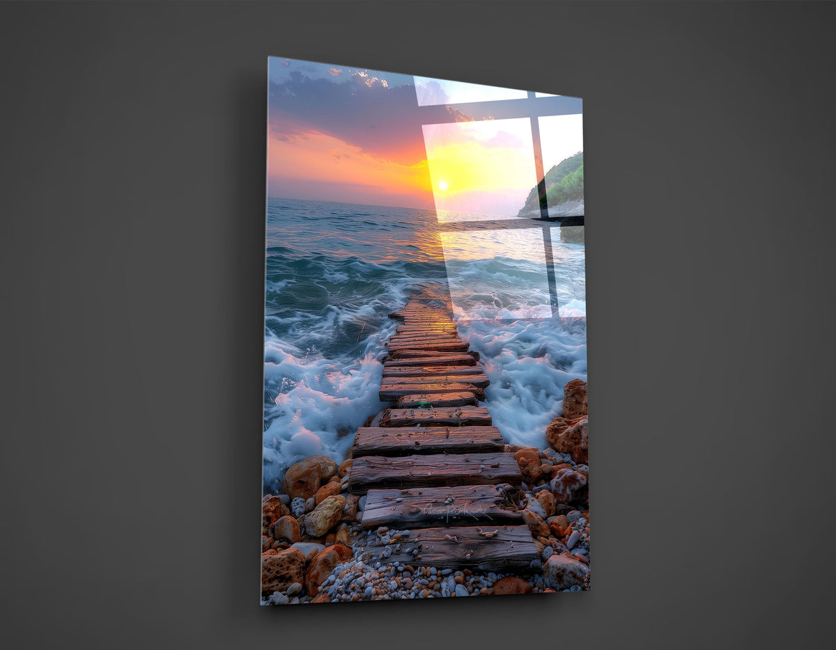 Wooden Stairway into the Sea Glass Wall Art close-up