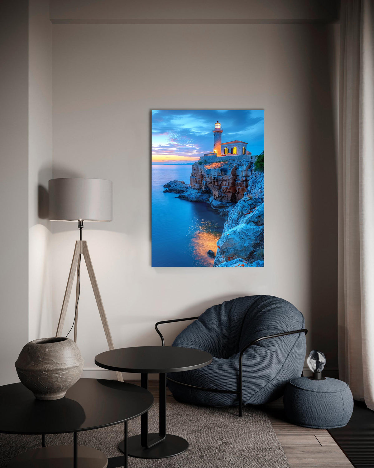 Clifftop Lighthouse at Blue Hour Glass Wall Art on the wall