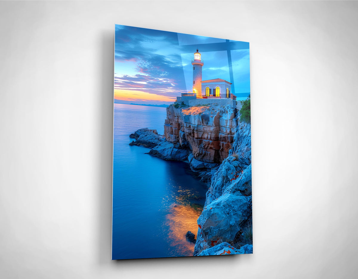 Clifftop Lighthouse at Blue Hour Glass Wall Art close-up