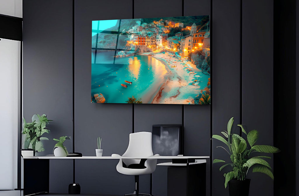 Coastal Village Beach at Dusk Glass Wall Art on the wall