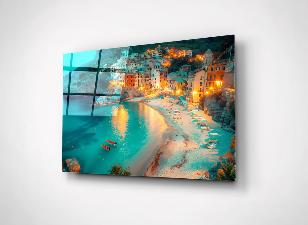 Coastal Village Beach at Dusk Glass Wall Art close-up