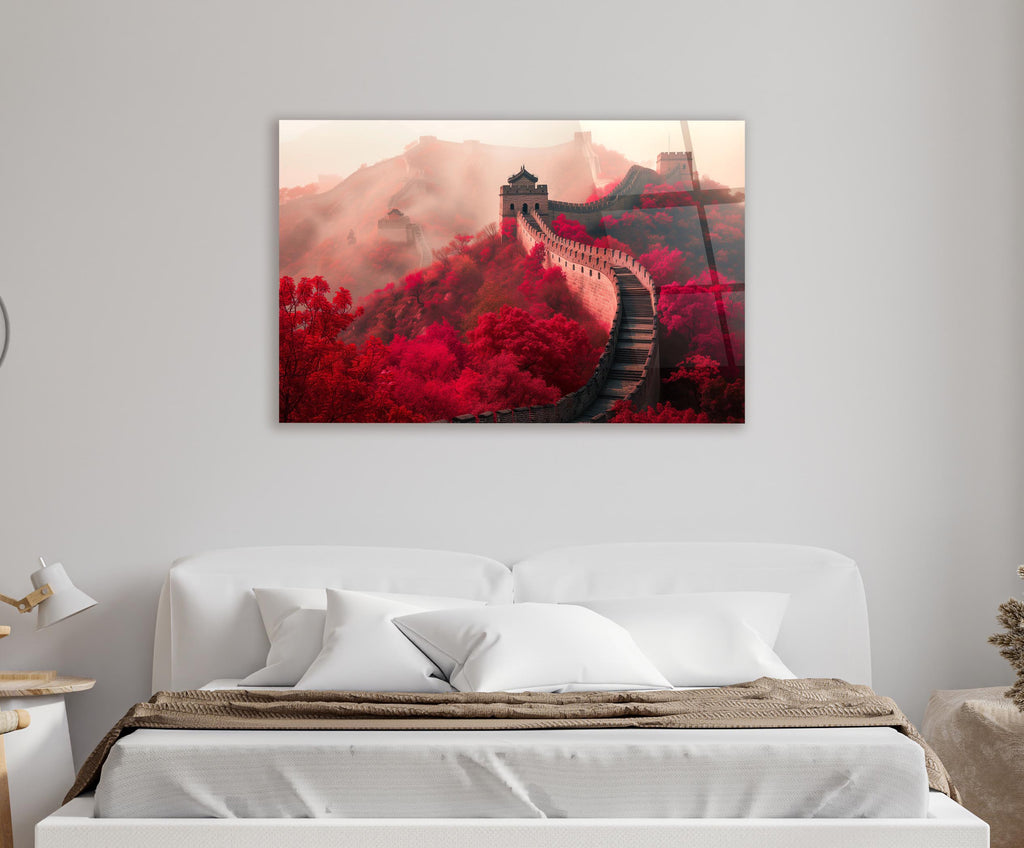 Great Wall of China in Red Foliage Glass Wall Art in a living room interior