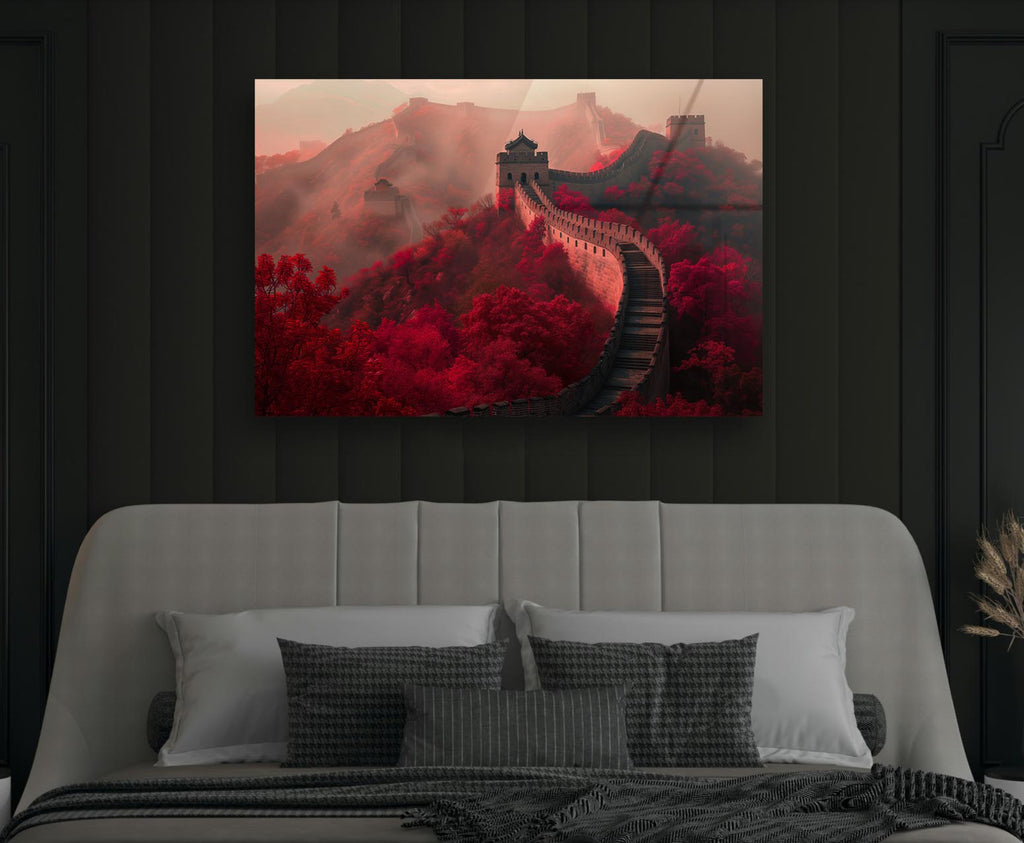 Great Wall of China in Red Foliage Glass Wall Art in a modern interior