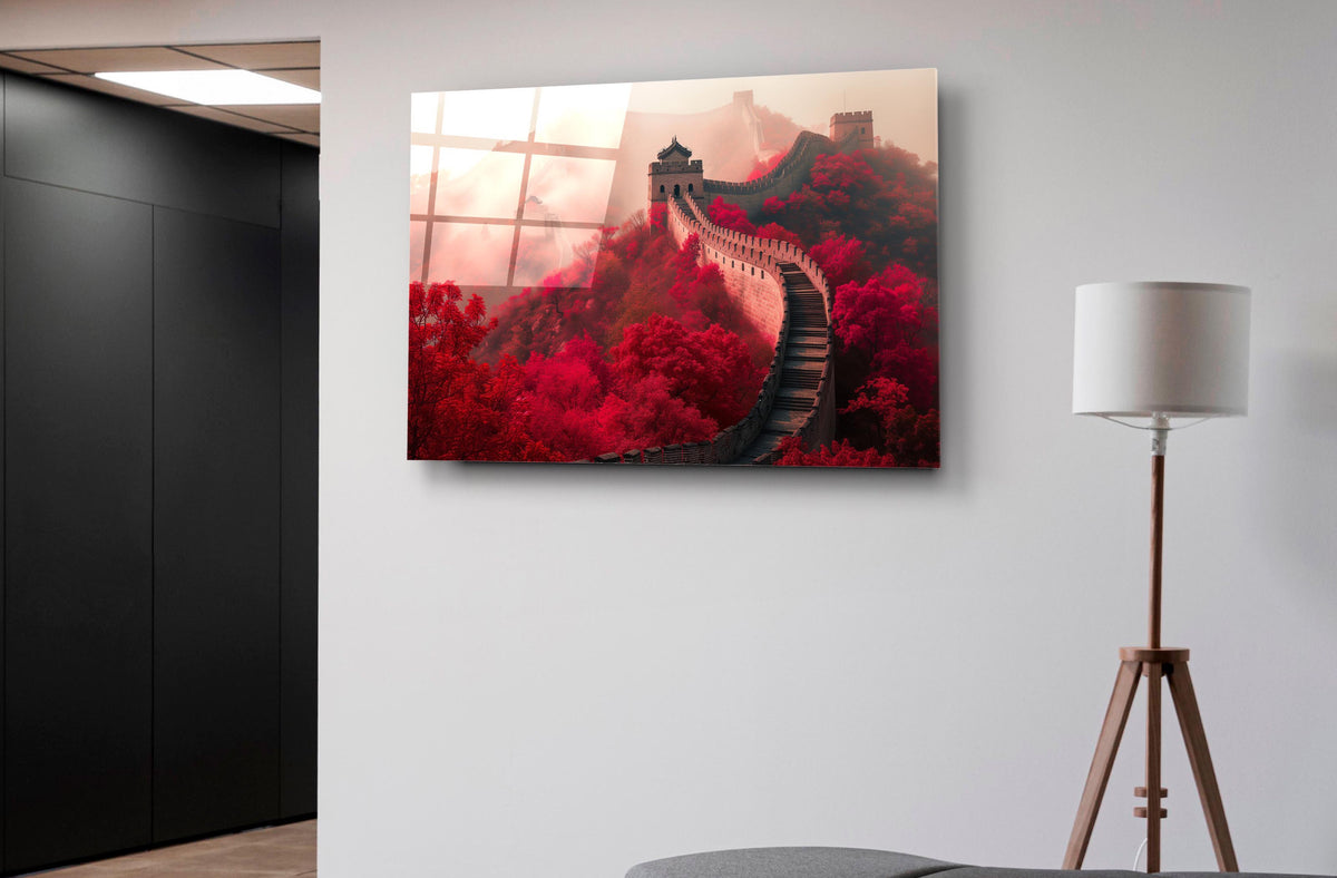 Great Wall of China in Red Foliage Glass Wall Art on the wall