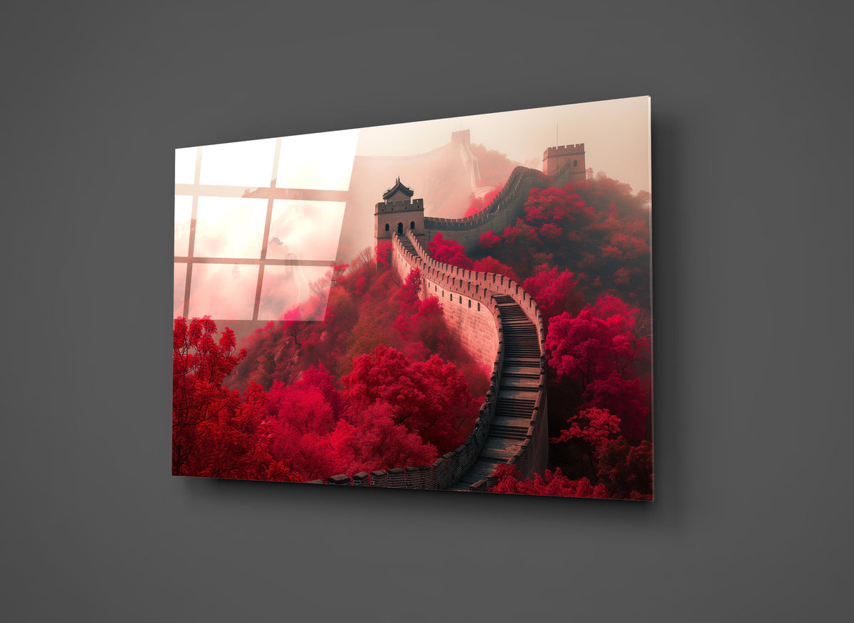 Great Wall of China in Red Foliage Glass Wall Art close-up