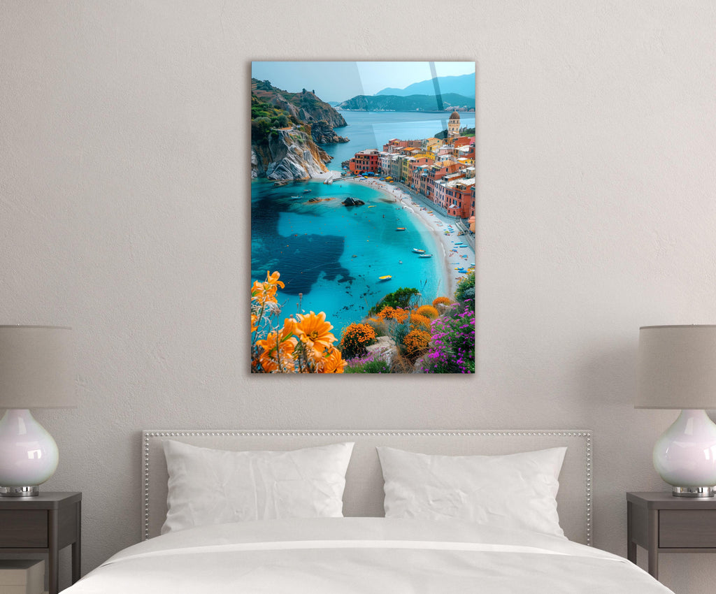 Mediterranean Cliffside Village Bay Glass Wall Art in a modern interior
