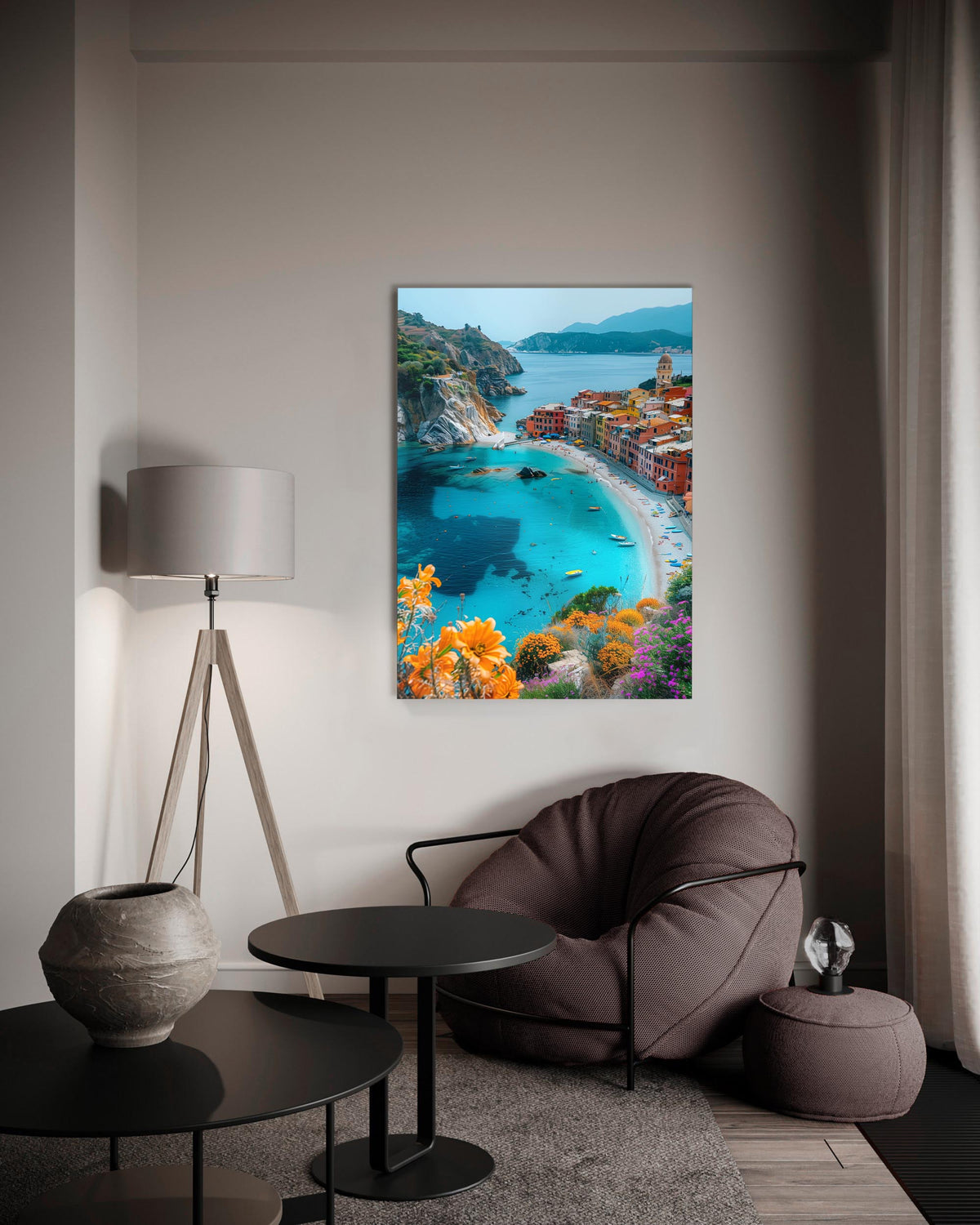 Mediterranean Cliffside Village Bay Glass Wall Art on the wall