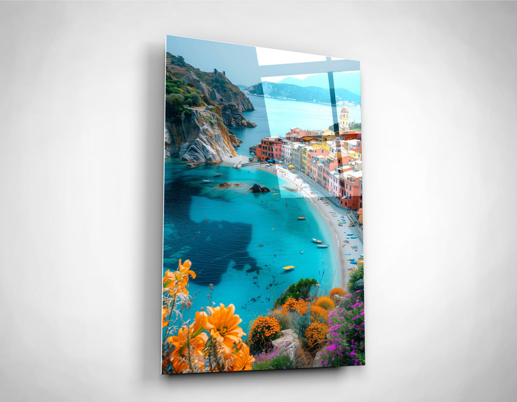 Mediterranean Cliffside Village Bay Glass Wall Art close-up