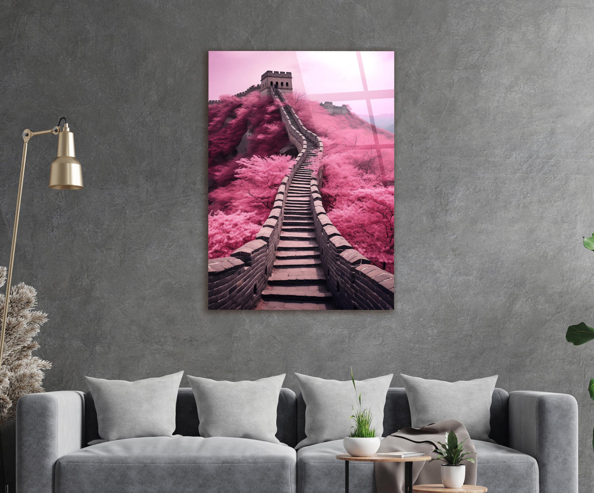 Pink Great Wall Stairway Glass Wall Art in a living room interior