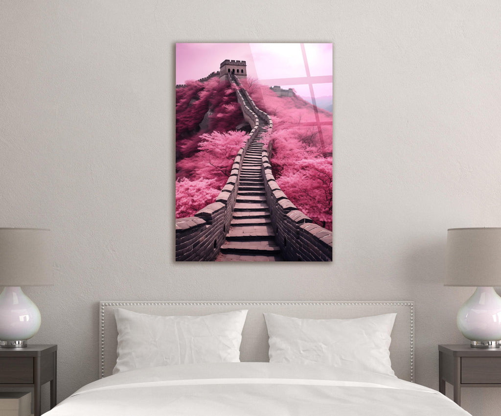 Pink Great Wall Stairway Glass Wall Art in a modern interior
