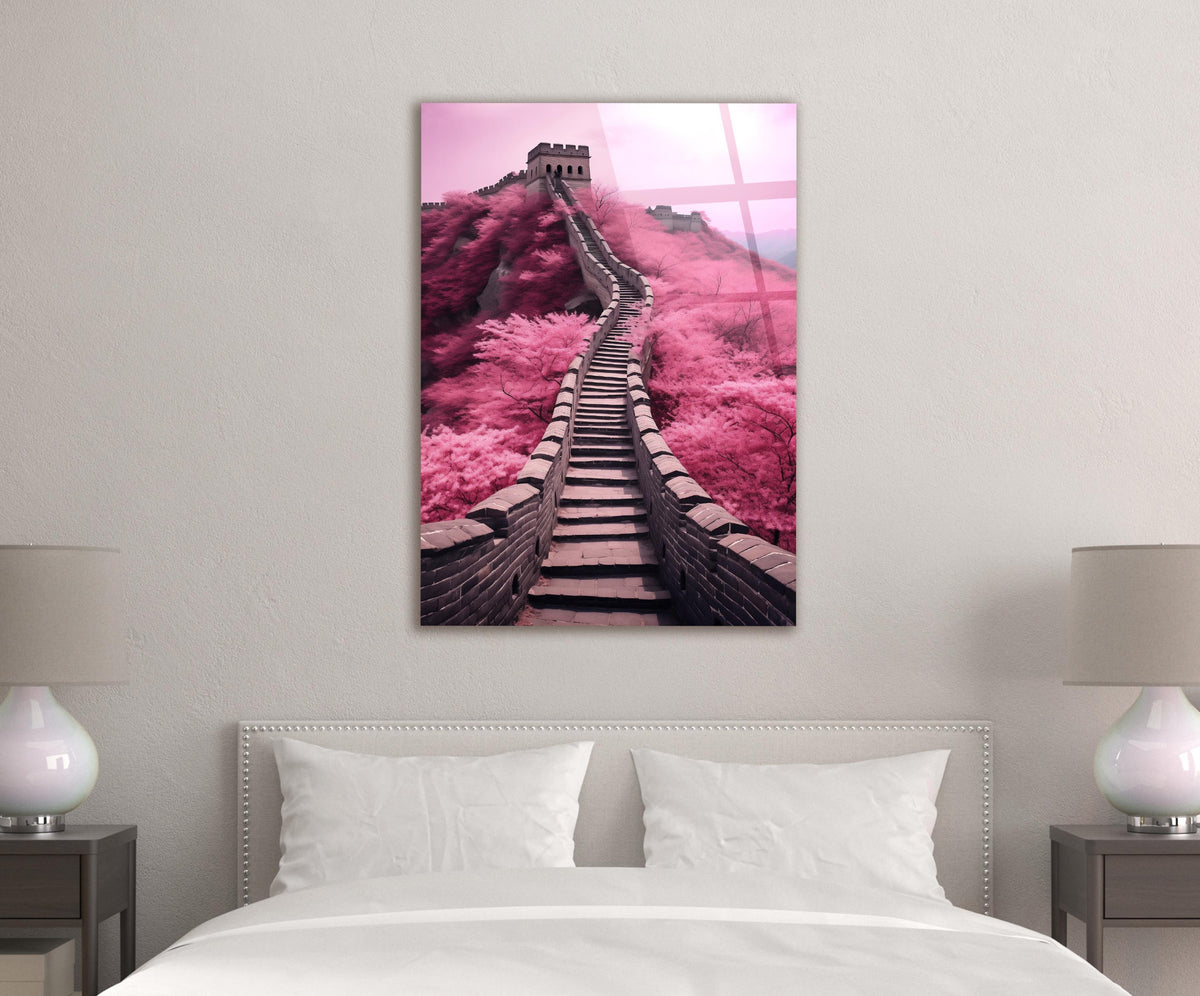 Pink Great Wall Stairway Glass Wall Art in a modern interior