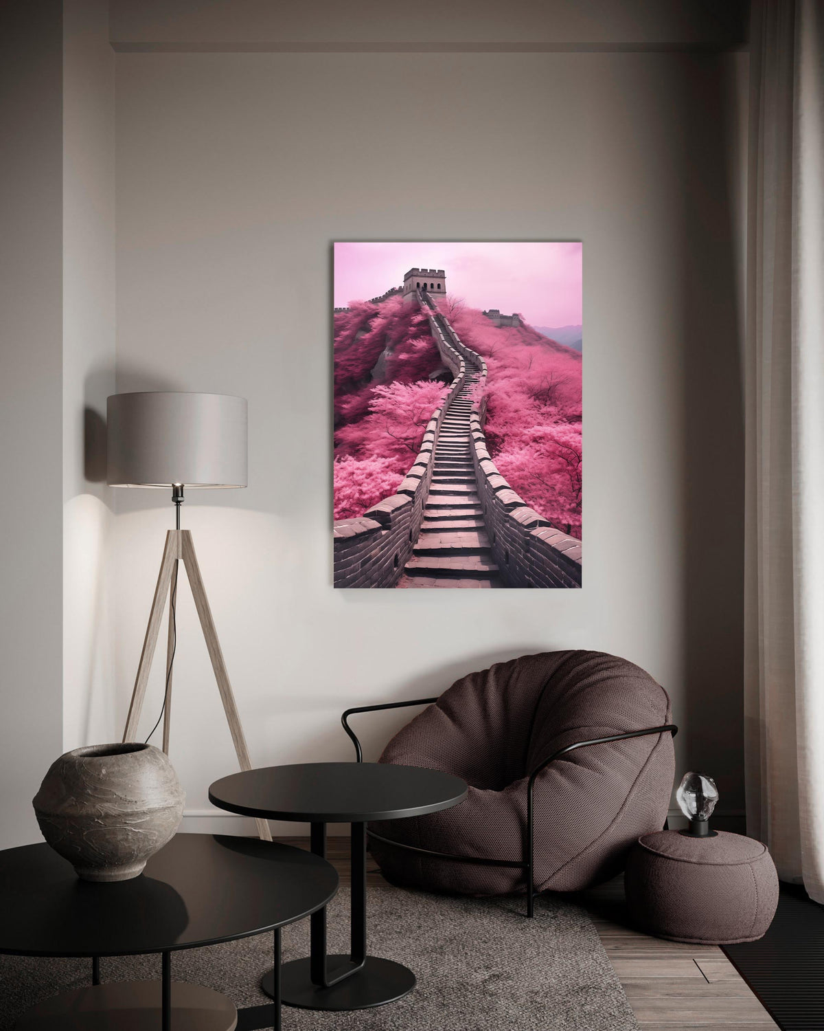 Pink Great Wall Stairway Glass Wall Art on the wall