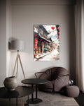 Snowy Asian Lantern Street Glass Wall Art in a living room interior