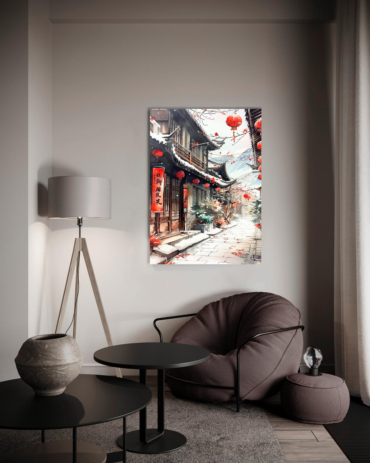 Snowy Asian Lantern Street Glass Wall Art in a living room interior