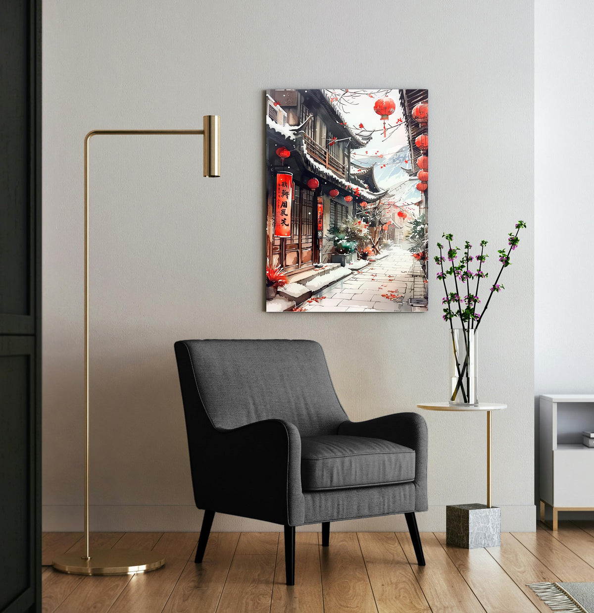 Snowy Asian Lantern Street Glass Wall Art in a modern interior