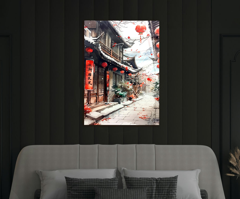 Snowy Asian Lantern Street Glass Wall Art on the wall