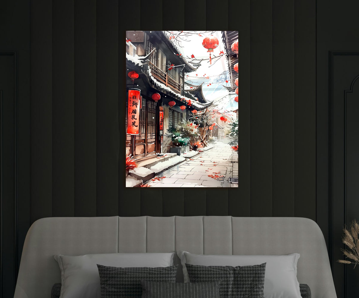 Snowy Asian Lantern Street Glass Wall Art on the wall