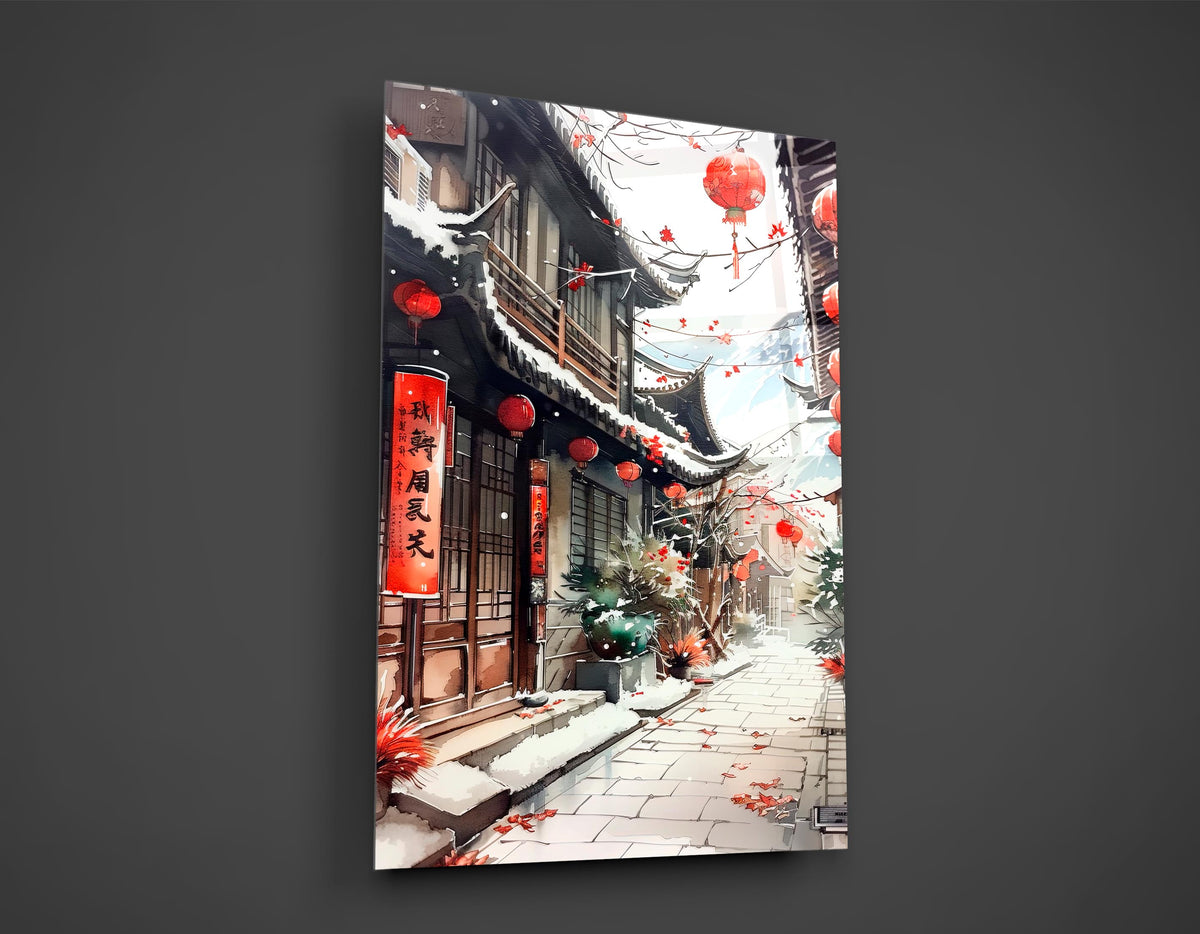Snowy Asian Lantern Street Glass Wall Art close-up