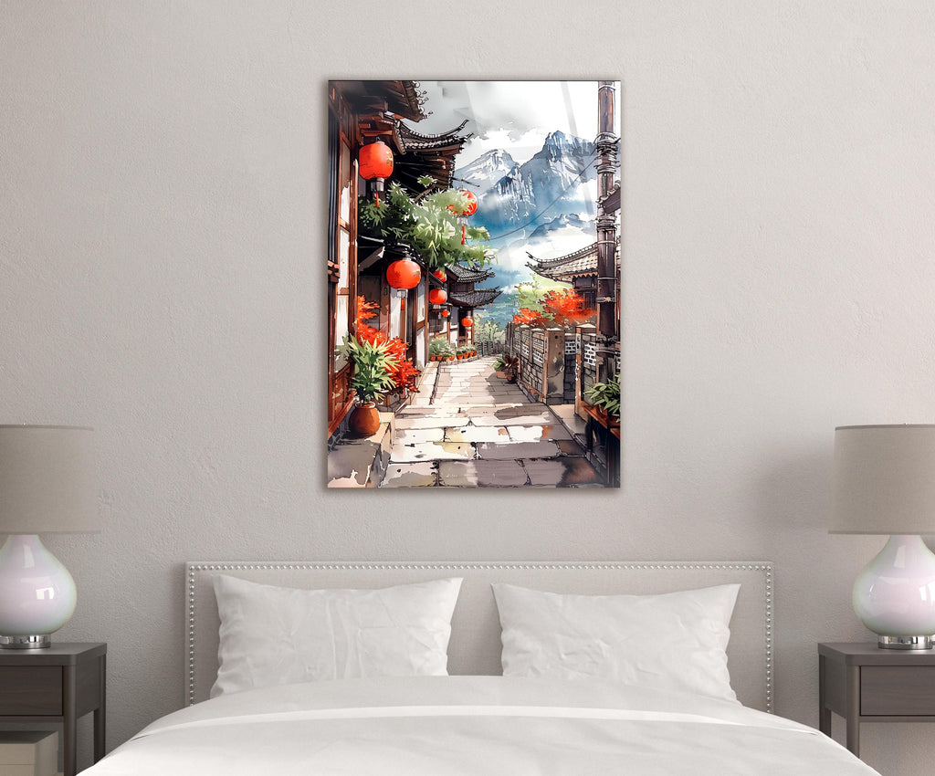 Mountain Village Lantern Alley Watercolor Glass Wall Art in a modern interior