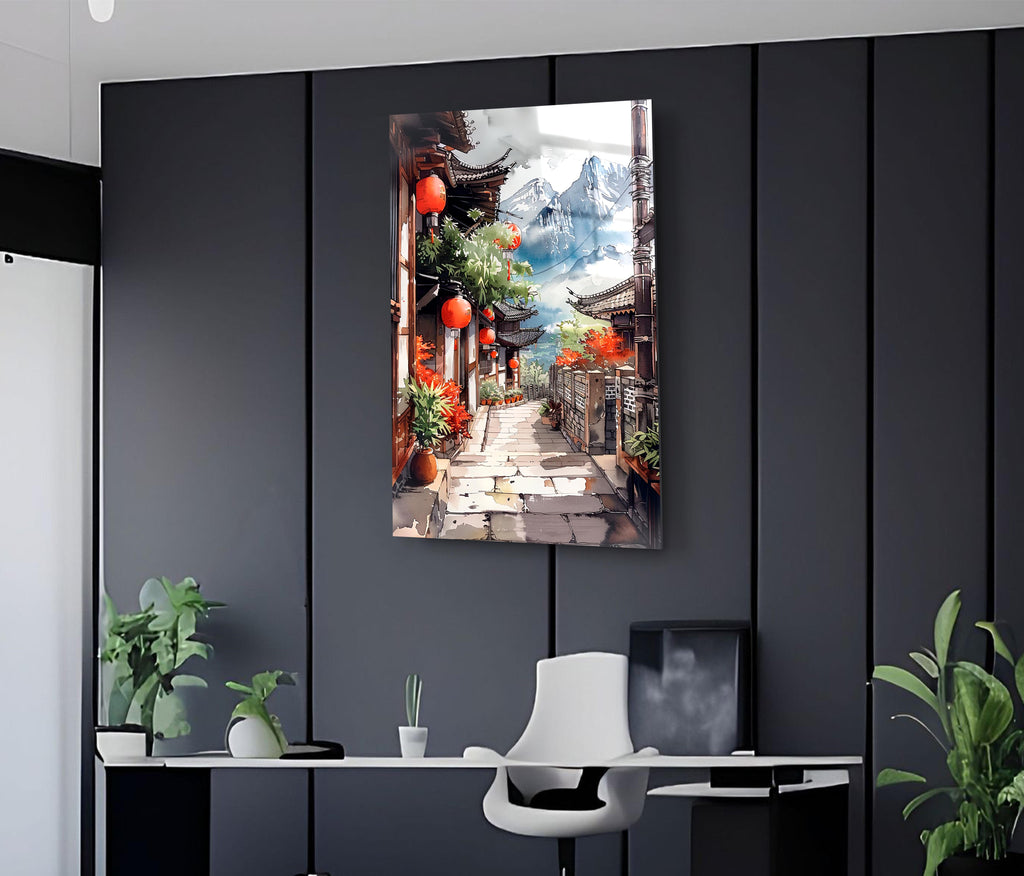 Mountain Village Lantern Alley Watercolor Glass Wall Art on the wall
