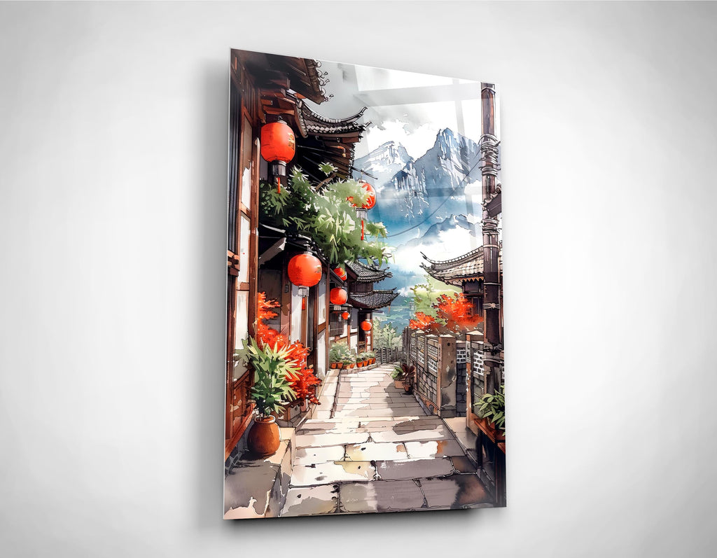 Mountain Village Lantern Alley Watercolor Glass Wall Art close-up