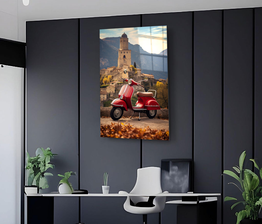 Red Vintage Scooter in Italian Village Glass Wall Art in a living room interior