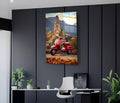 Red Vintage Scooter in Italian Village Glass Wall Art in a living room interior