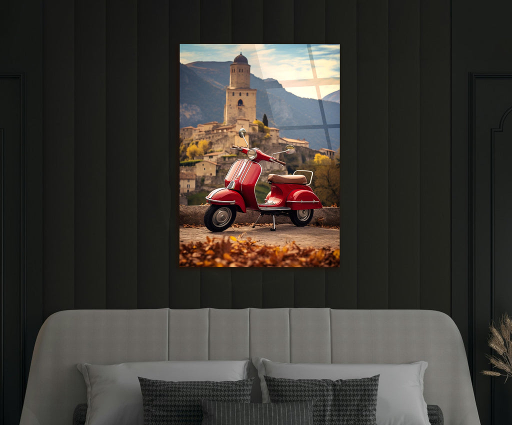Red Vintage Scooter in Italian Village Glass Wall Art in a modern interior