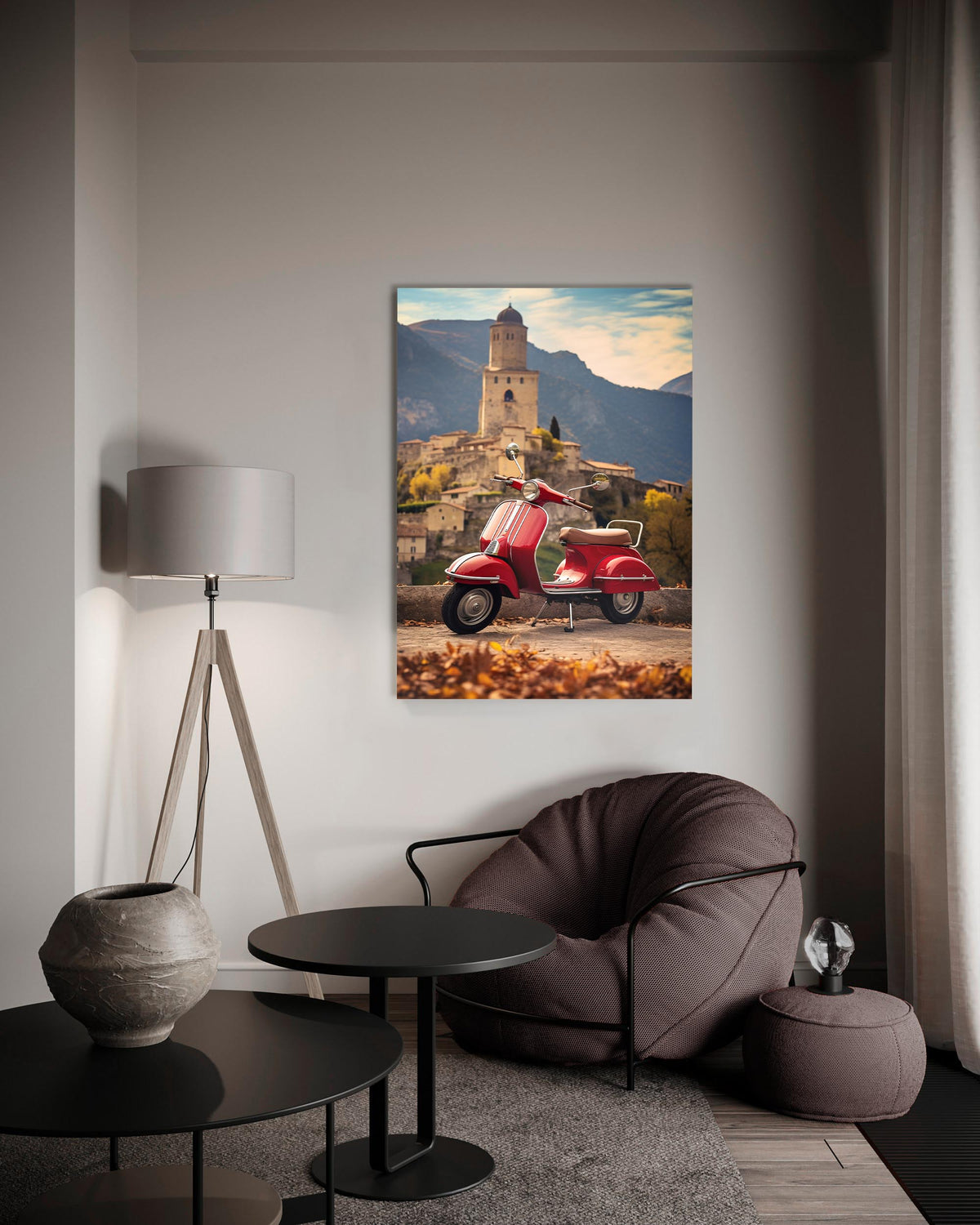 Red Vintage Scooter in Italian Village Glass Wall Art on the wall