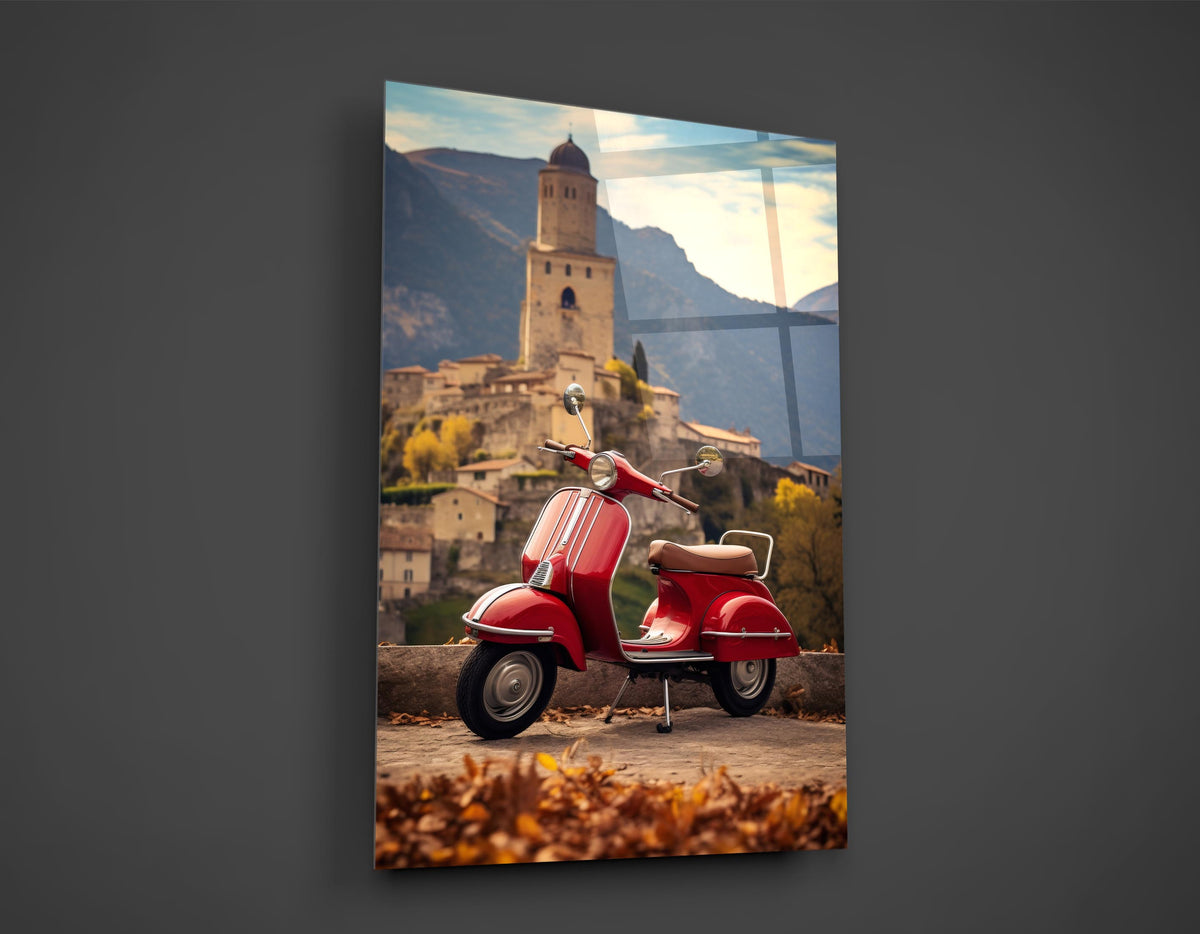 Red Vintage Scooter in Italian Village Glass Wall Art close-up