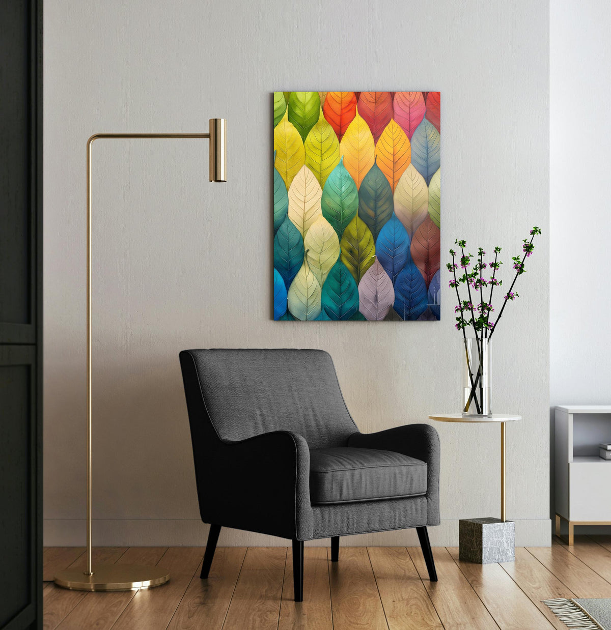 Rainbow Leaves Pattern Glass Wall Art in a living room interior