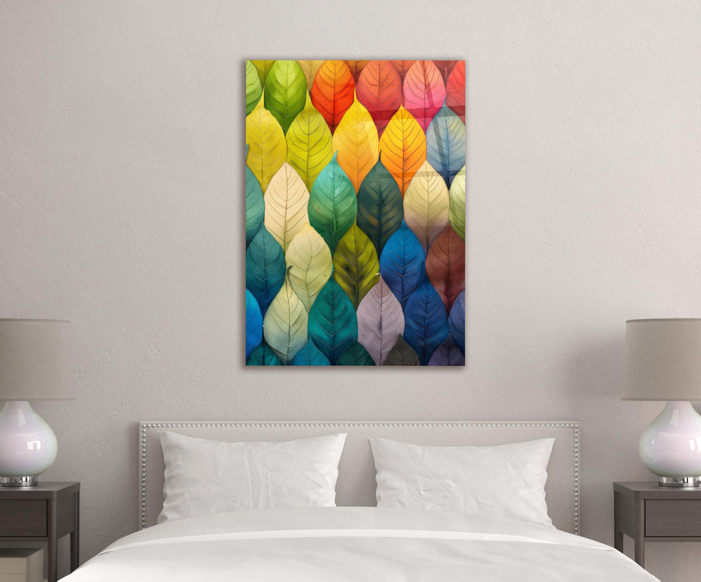 Rainbow Leaves Pattern Glass Wall Art in a modern interior