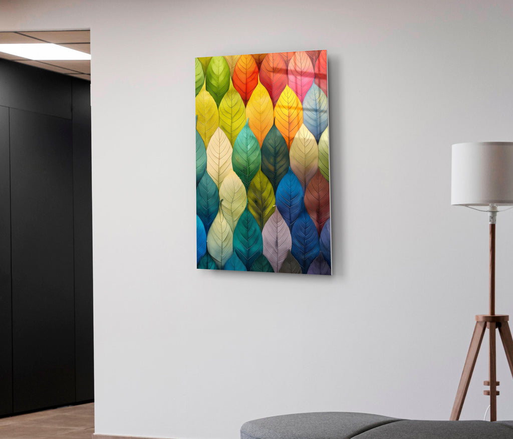 Rainbow Leaves Pattern Glass Wall Art on the wall