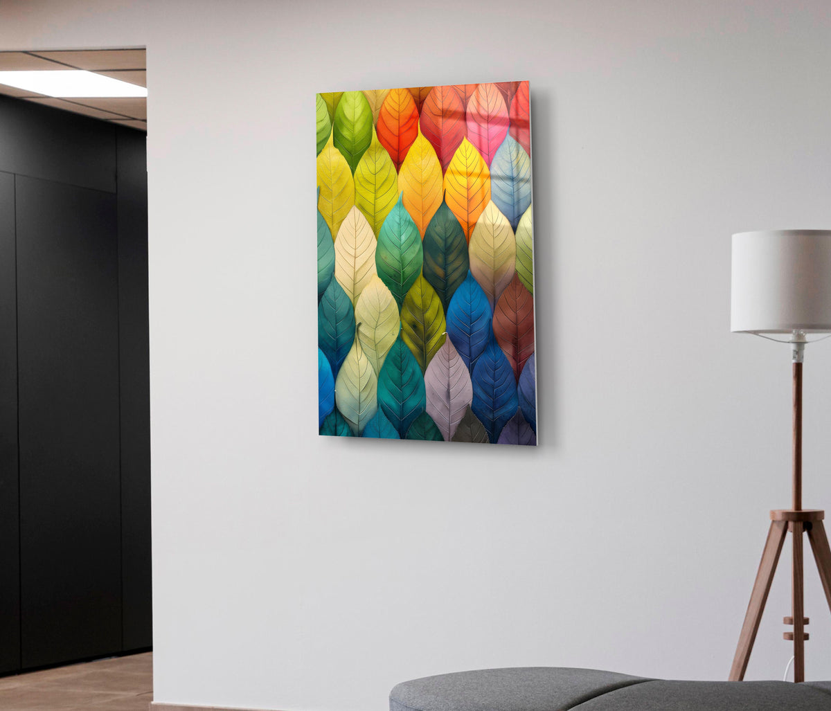 Rainbow Leaves Pattern Glass Wall Art on the wall