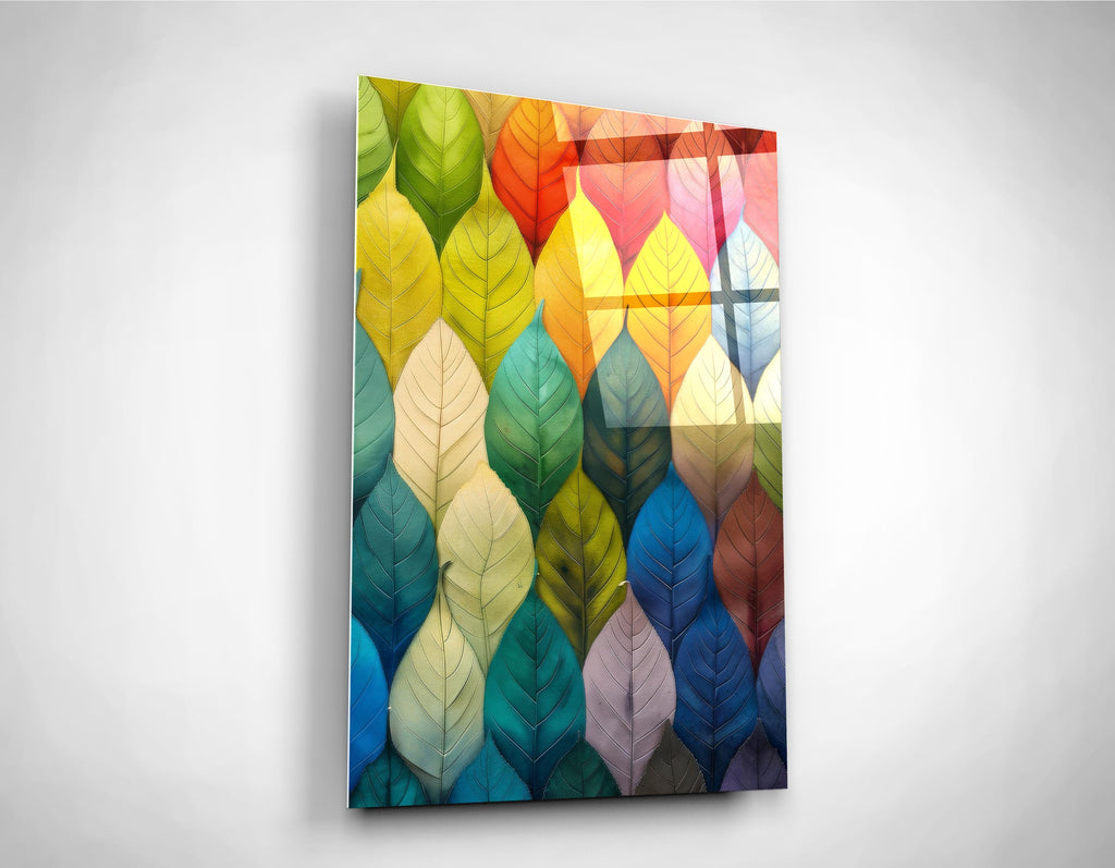 Rainbow Leaves Pattern Glass Wall Art close-up