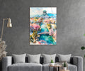 Watercolor Japanese Castle and Cherry Blossoms Glass Wall Art in a living room interior