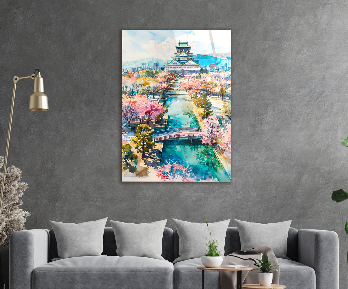Watercolor Japanese Castle and Cherry Blossoms Glass Wall Art in a living room interior