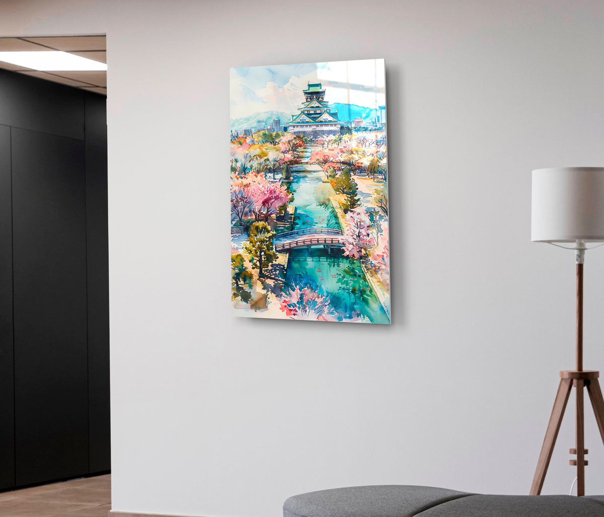 Watercolor Japanese Castle and Cherry Blossoms Glass Wall Art in a modern interior