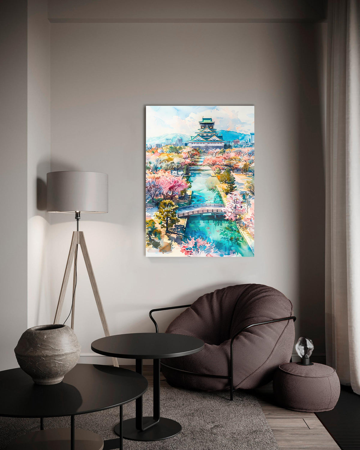 Watercolor Japanese Castle and Cherry Blossoms Glass Wall Art on the wall