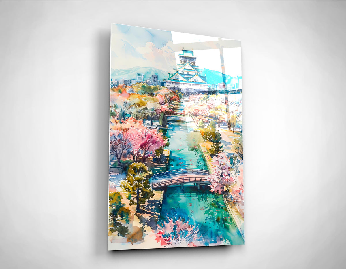 Watercolor Japanese Castle and Cherry Blossoms Glass Wall Art close-up
