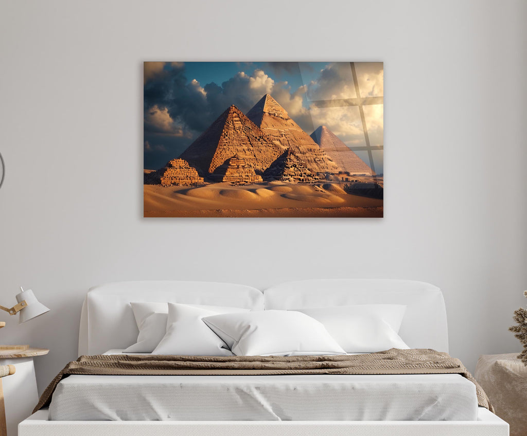Pyramids of Giza at Golden Hour Glass Wall Art in a living room interior
