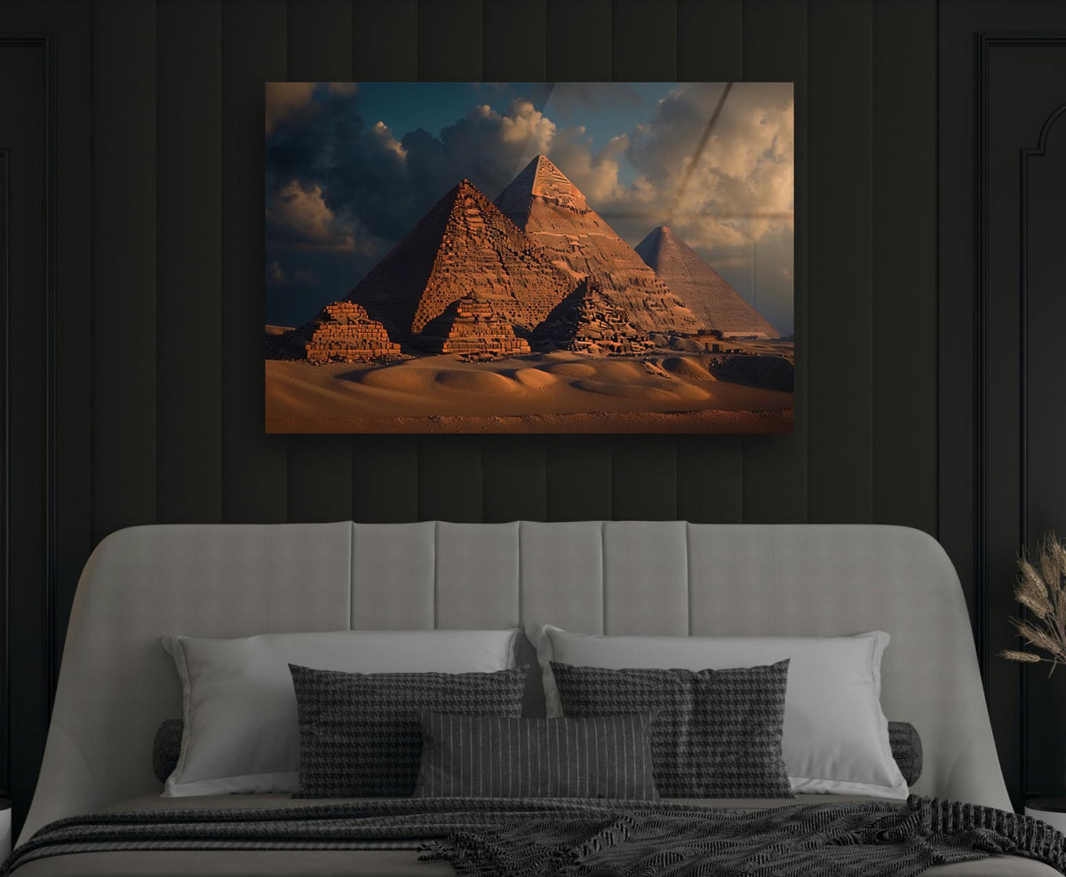 Pyramids of Giza at Golden Hour Glass Wall Art in a modern interior