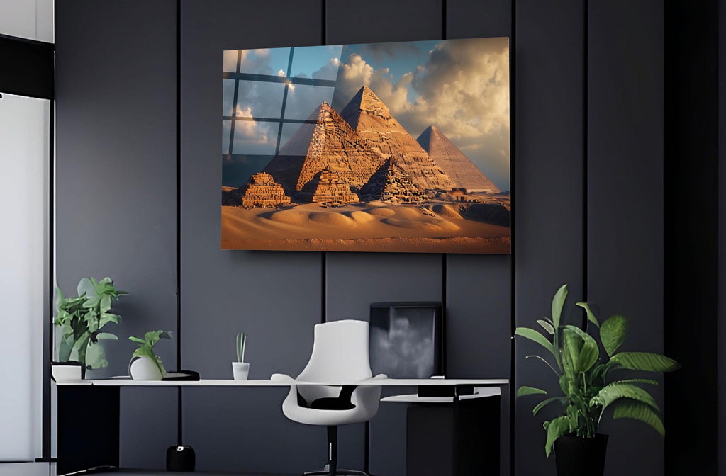 Pyramids of Giza at Golden Hour Glass Wall Art on the wall