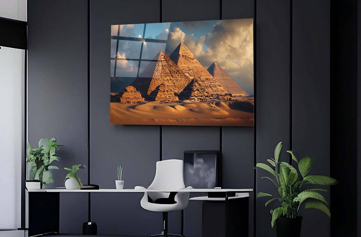 Pyramids of Giza at Golden Hour Glass Wall Art on the wall