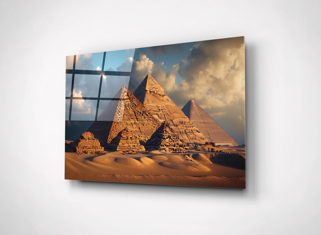 Pyramids of Giza at Golden Hour Glass Wall Art close-up