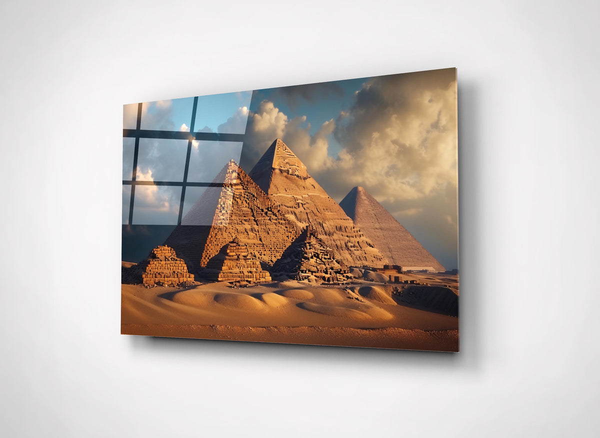 Pyramids of Giza at Golden Hour Glass Wall Art close-up