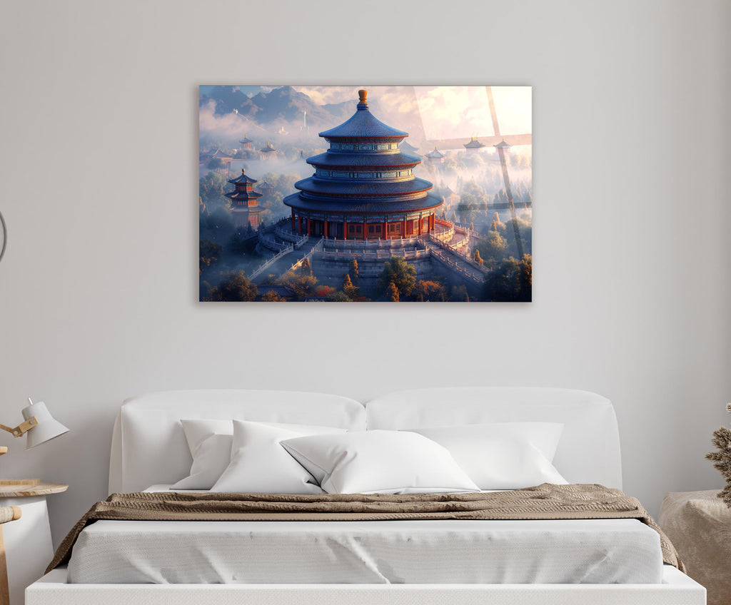 Temple of Heaven at Misty Sunrise Glass Wall Art in a living room interior